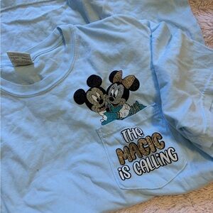 Disney Light Blue Short Sleeve Tee with Glitter Mickey & Minnie Pocket